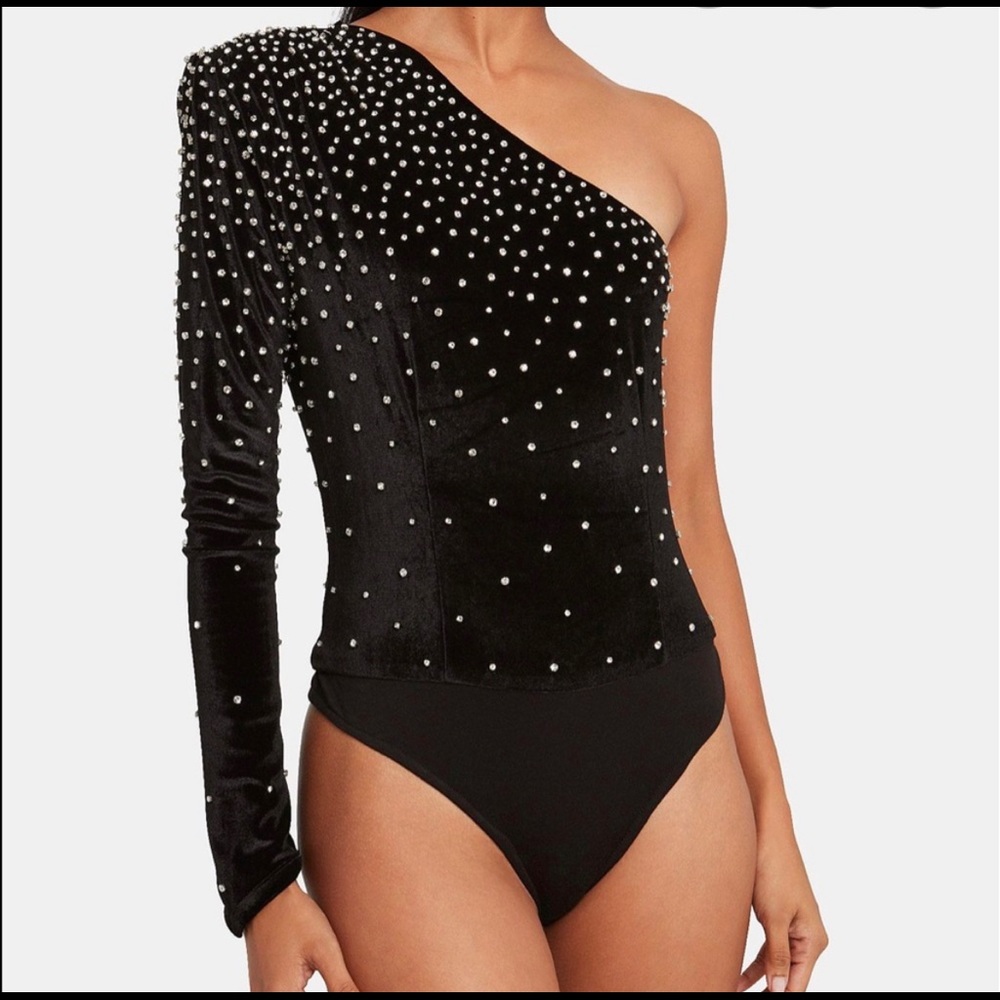 NWT Retrofete Black Velvet Embellished One Shoulder Bodysuit Size (Intermix)